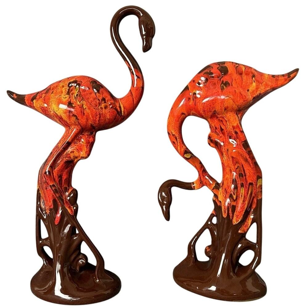 Vintage MCM California Pottery flamingo pair flame lava drip glaze 13” and 16”